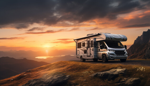 motorhome trailer stands on the edge of a hill at sunset with beautiful lights. 