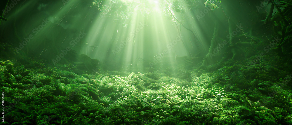 Poster sunlight streaming through forest trees, creating a serene and enchanting atmosphere with warm rays 
