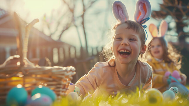 Joyful Kids Wearing Bunny Ears Laughing and Playing on Easter, Happy Siblings with Colorful Eggs in Garden, Festive Springtime Fun, Cheerful Childhood Moments Outdoors