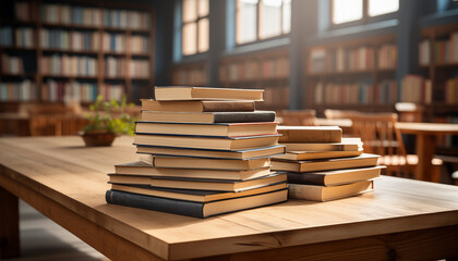 stack of books on a wooden table against a blurred library background.