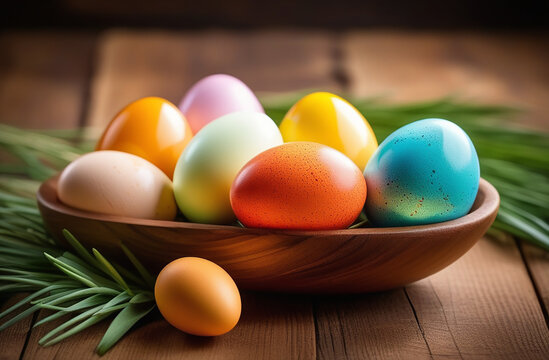 Easter eggs in the nest on rustic wooden background. easter holiday