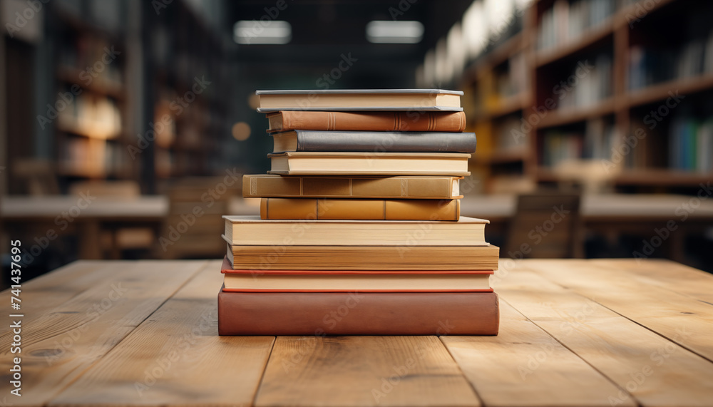 Wall mural stack of books on a wooden table against a blurred library background.