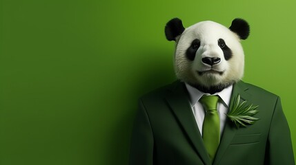 Anthropomorphic panda in business suit working in corporate setting, studio shot with copy space.