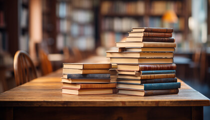 stack of books on a wooden table against a blurred library background.