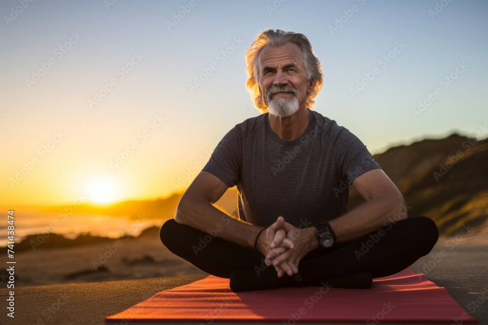 Sticker Senior man meditating on a yoga mat at sunrise on the beach