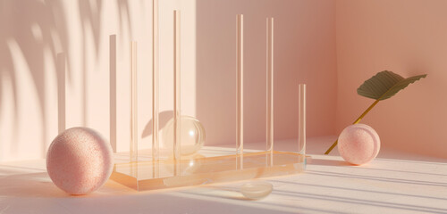 An ensemble of random geometric shapes joined by transparent rods, placed on an isometric floor with a pastel pink background
