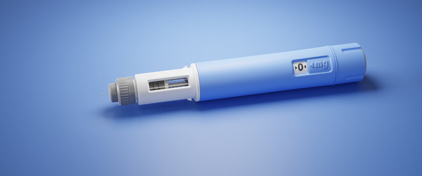 Injector / dosing pen  for subcutaneous injection of antidiabetic medication or anti-obesity medication on blue background. Web banner format