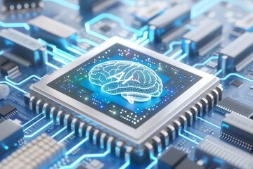 AI Brain Chip violet laser. Artificial Intelligence server farm human ai solution mind circuit board. Neuronal network gis smart computer processor digital disruption - obrazy, fototapety, plakaty