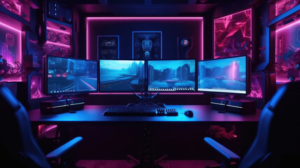Professional gamer room with personal computer with LED lights