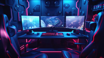 Professional gamer room with personal computer with LED lights - obrazy, fototapety, plakaty