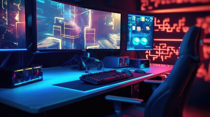 Professional gamer room with personal computer with LED lights - obrazy, fototapety, plakaty