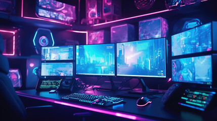 Professional gamer room with personal computer with LED lights