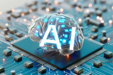 AI Brain Chip neurological disorders support. Artificial Intelligence version control mind digital divide axon. Semiconductor sentiment analysis circuit board ephrins - obrazy, fototapety, plakaty