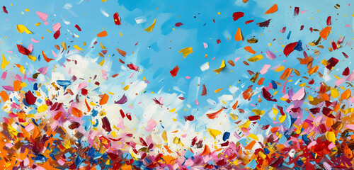 An explosion of colorful confetti pieces against a sky blue, celebrating a moment of joy