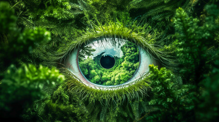 Fototapeta premium Close up of an eye with green forest in the background. Abstract Vision concept