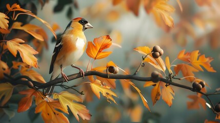 Golden Finch Perched on Autumn Branch with Fallen Leaves