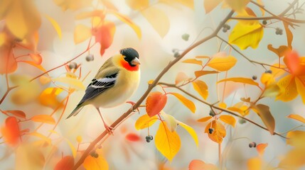 Golden Finch Perched on Autumn Tree Branch - Nature Scene Illustration