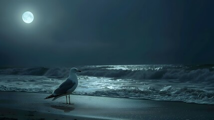 Moonlit Beach Seagull Serenity
