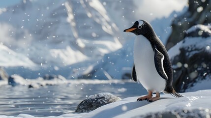Playful Penguin Standing on Snowy Rock - Comedic Pose Wildlife Image