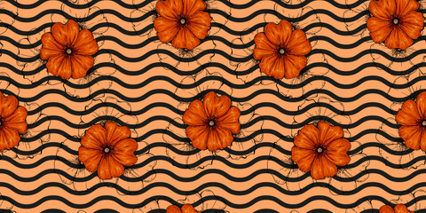 Seamless vector pattern with flowers and wavy lines. Floral pattern, summer print on fabric, wrapping paper. 