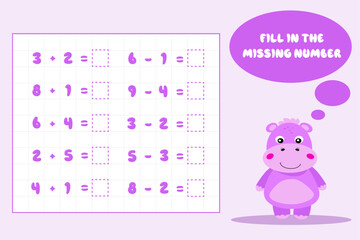 Mathematical educational game for children. Complete the series and fill in the missing numbers. Solve the equation.Educational cards for children.Addition and subtraction up to 10.Vector illustration