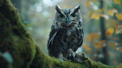 Enchanting Owl Perched on Moss-Covered Branch