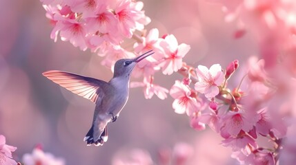 Enchanting Hummingbird Among Blooming Cherry Blossom