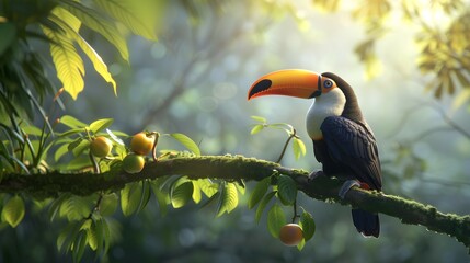 Toucan Perched on Branch with Fruit in Tropical Foliage