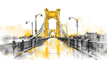 A captivating watercolor sketch of a bridge with yellow gray lines - obrazy, fototapety, plakaty