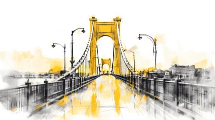 Deurstickers A captivating watercolor sketch of a bridge with yellow gray lines © Алла Морозова
