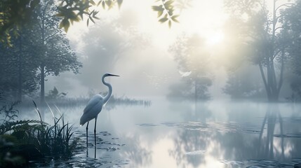 Misty Morning Egret in Marsh - Nature Photography