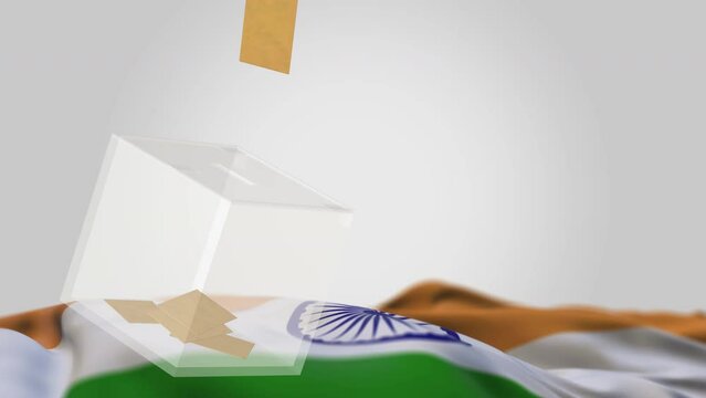 Elections in India, voting envelope flying into glass ballot box over flat laid waving Indian flag on blank white background, copy space. Horizontal 3d render animation design. Democratic election con