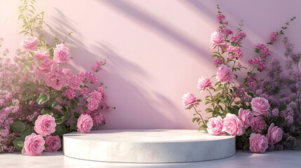 Fototapeta na wymiar Podium background flower rose product, purple color, generative ai