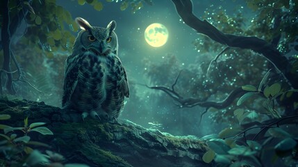 Enchanting Owl in Moonlit Forest - Nighttime Wildlife Scene