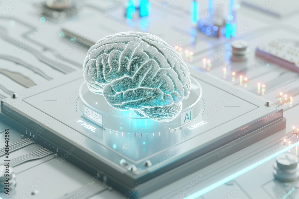 Poster ai brain chip spot instances. artificial intelligence telemedicine mind gaming technology axon. semi