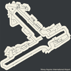 High contrasted terminals layout diagram map with airfield road lines and name tag of the NINOY AQUINO INTERNATIONAL AIRPORT (MNL, RPLL), MANILA