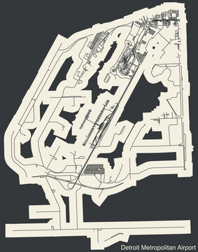 High contrasted terminals layout diagram map with airfield road lines and name tag of the DETROIT METROPOLITAN AIRPORT (DTW, KDTW), DETROIT