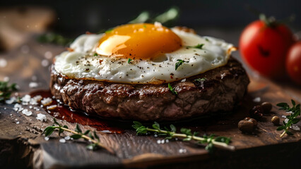 Savory Delight: Hamburger Steak Topped with a Fried Egg - obrazy, fototapety, plakaty