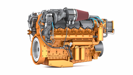 Yellow diesel engine with hoses on a white background. 3d illustration