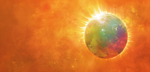 An otherworldly sun in rainbow colors, set against a rust orange background