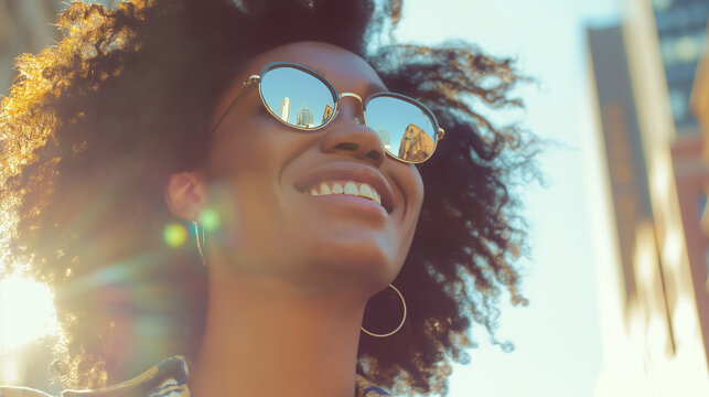 Happy african american woman wear sunglasses vivacious walking on city street the warm glow of the sun shining down, Generative AI