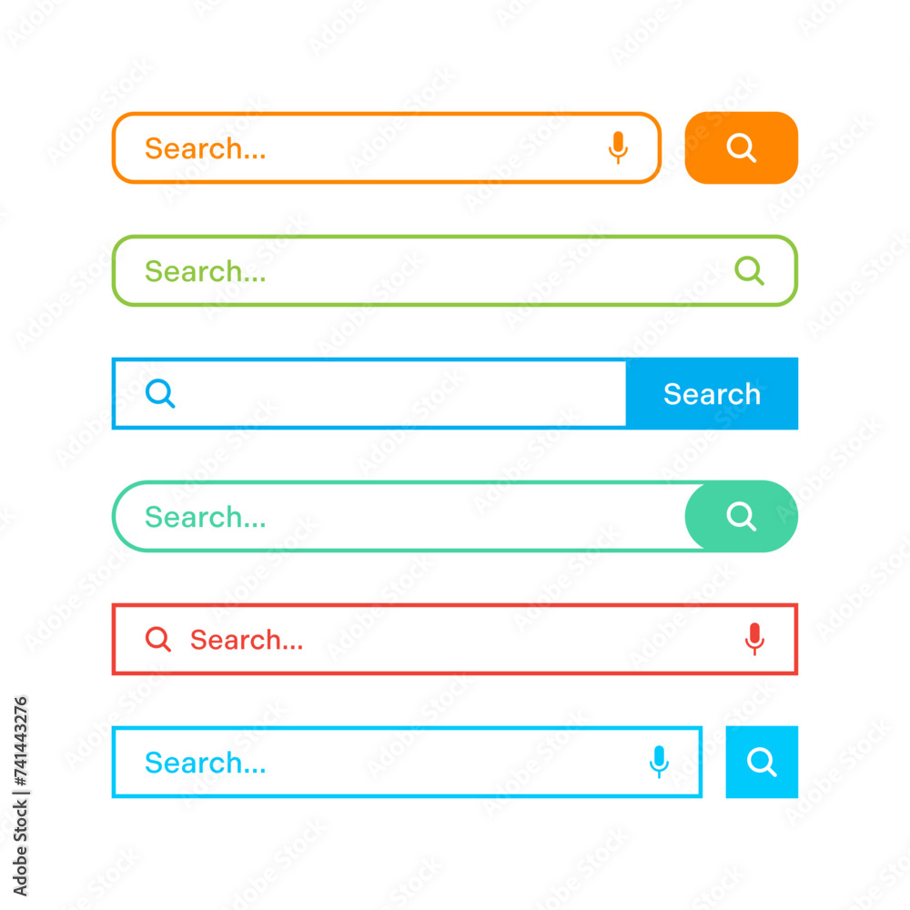 Poster Colorful search bar templates. Internet browser engine with search box, address bar and text field. UI design, website interface element with web icons and push button. Vector illustration