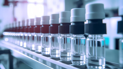 Medical vials on production line in pharmaceutical factory, pharmaceutical industry background