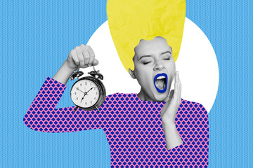 Image picture collage of sleepy yawning girl waking up early morning isolated on colorful painted background