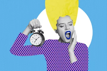 Fotobehang Lengtemeter Image picture collage of sleepy yawning girl waking up early morning isolated on colorful painted background
