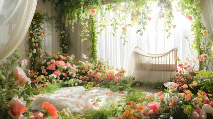 Digital backdrop for newborns Filled with flowers and a swing for children  - obrazy, fototapety, plakaty