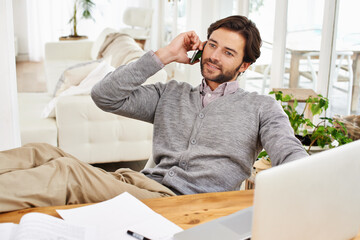 Journalist, laptop and home in phone call with desk for online, research and information for...