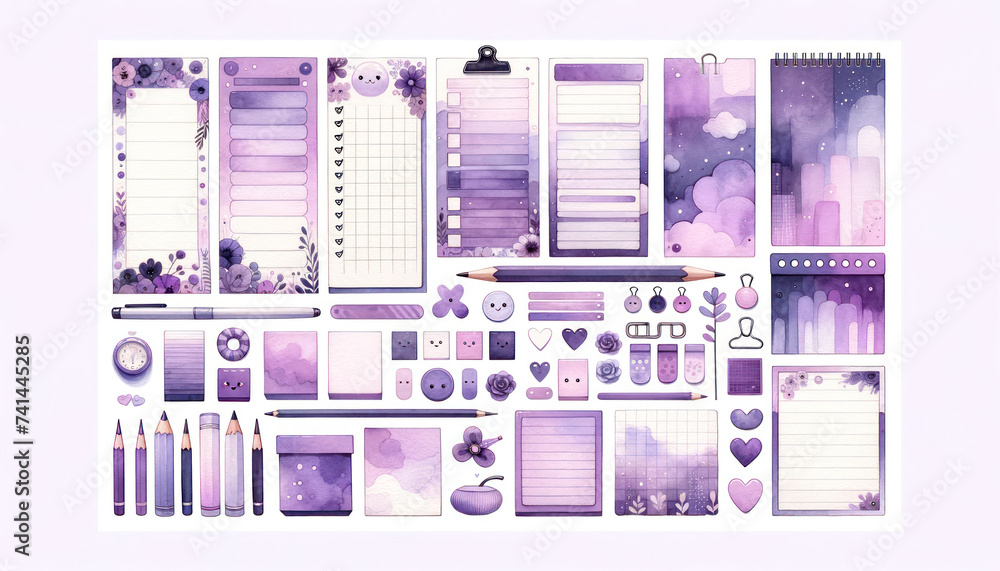 Poster watercolor set, focusing on the color purple. this set features a variety of list sheets, cute stick