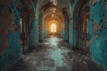 Fototapeta premium Decrepit Old Hallway With Peeling Paint and Windows