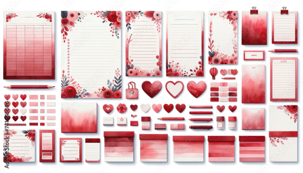 Poster watercolor set, focusing on the color red. this set features a variety of list sheets, cute sticky n